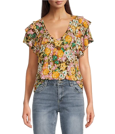 Democracy Petite Size Slub Jersey Knit Floral V-Neck Tiered Short Sleeve Top
