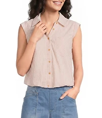Democracy Petite Size Spliced Stripe Point Collar Cap Sleeve Bubble Hem Button-Front Top