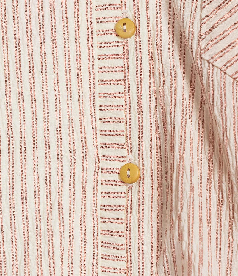 Democracy Petite Size Spliced Stripe Point Collar Cap Sleeve Bubble Hem Button-Front Top