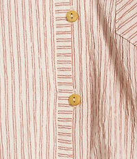 Democracy Petite Size Spliced Stripe Point Collar Cap Sleeve Bubble Hem Button-Front Top