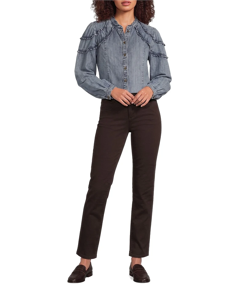 Democracy Petite Size Stand Collar Long Sleeve Ruffle Shoulder Button Front Shirt