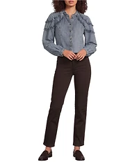 Democracy Petite Size Stand Collar Long Sleeve Ruffle Shoulder Button Front Shirt
