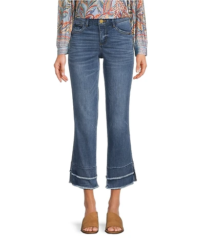 Democracy Petite Size Stretch Kick Flare Double Layer Fray Hem Crop Jeans