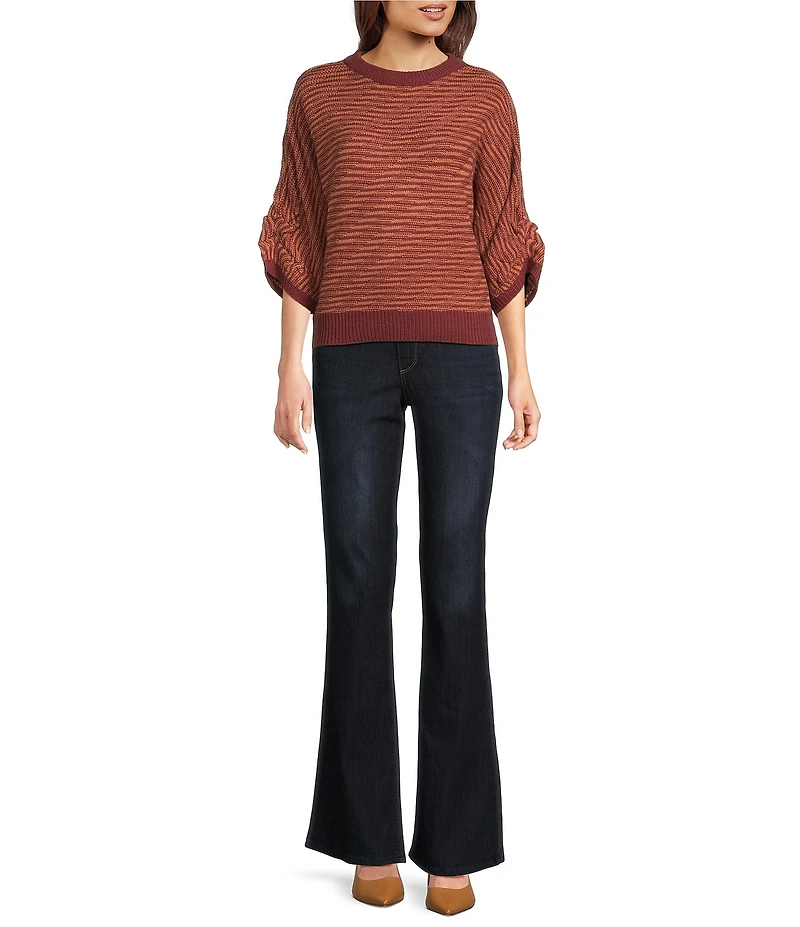 Democracy Petite Size Stripe Ribbed Round Neck 3/4 Dolman Sleeve Bias Stitch Sweater