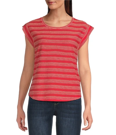 Democracy Petite Size Stripe Scoop Neck Cap Sleeve Shirttail Hem Knit Top