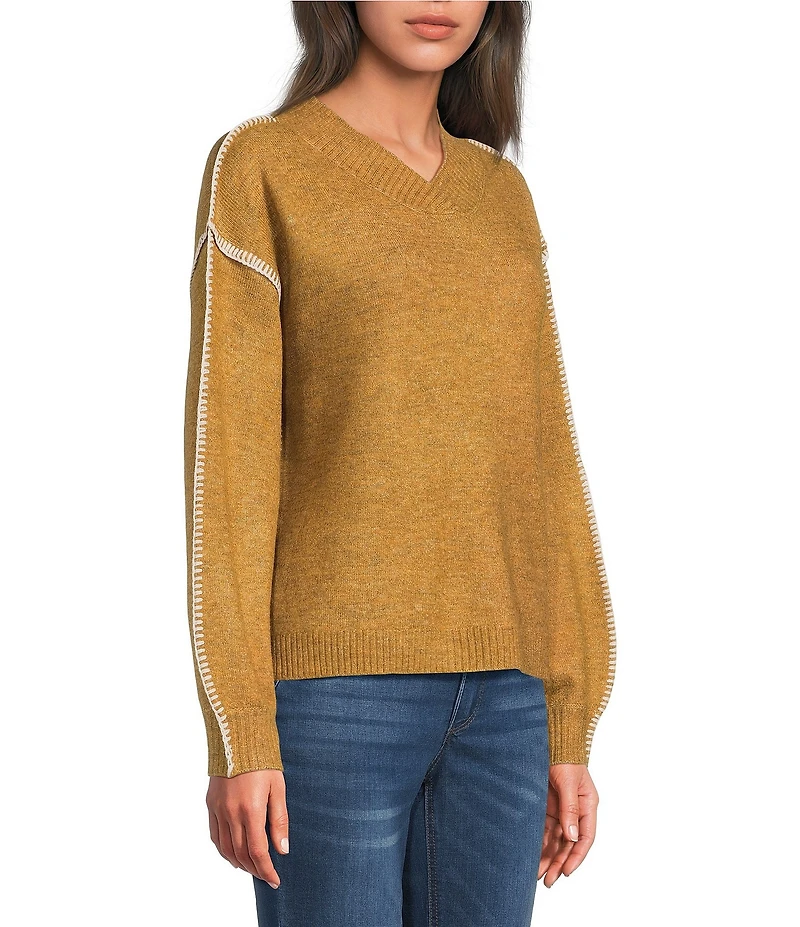 Democracy Petite Size Surplice V-Neck Long Blouson Sleeve Embroidery Whipstitch Popover Sweater