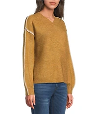 Democracy Petite Size Surplice V-Neck Long Blouson Sleeve Embroidery Whipstitch Popover Sweater
