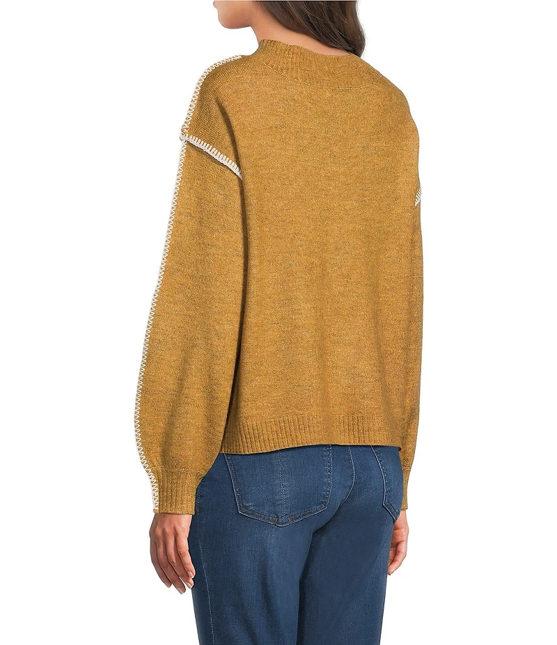Democracy Petite Size Surplice V-Neck Long Blouson Sleeve Embroidery Whipstitch Popover Sweater