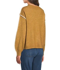 Democracy Petite Size Surplice V-Neck Long Blouson Sleeve Embroidery Whipstitch Popover Sweater