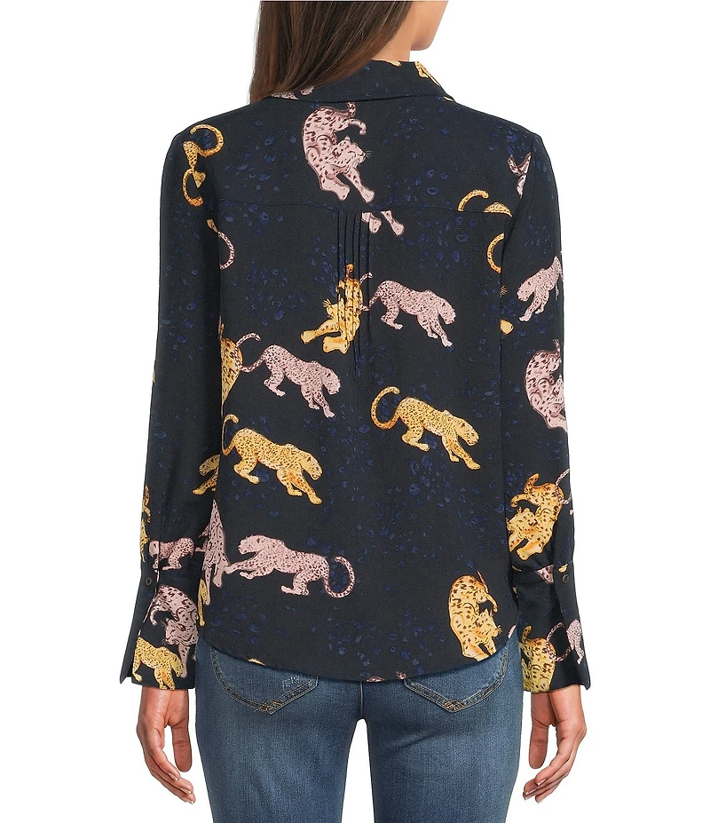 Democracy Petite Size Woven Animal Print Point Collar Long Sleeve Button-Front Shirt