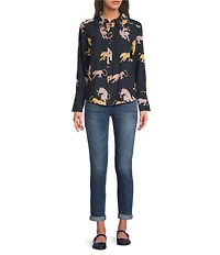 Democracy Petite Size Woven Animal Print Point Collar Long Sleeve Button-Front Shirt