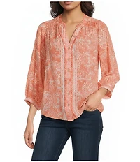 Democracy Petite Size Woven Embroidered Floral Split V-Neck 3/4 Sleeve Button Front Blouse