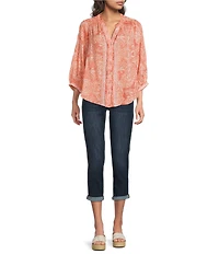 Democracy Petite Size Woven Embroidered Floral Split V-Neck 3/4 Sleeve Button Front Blouse