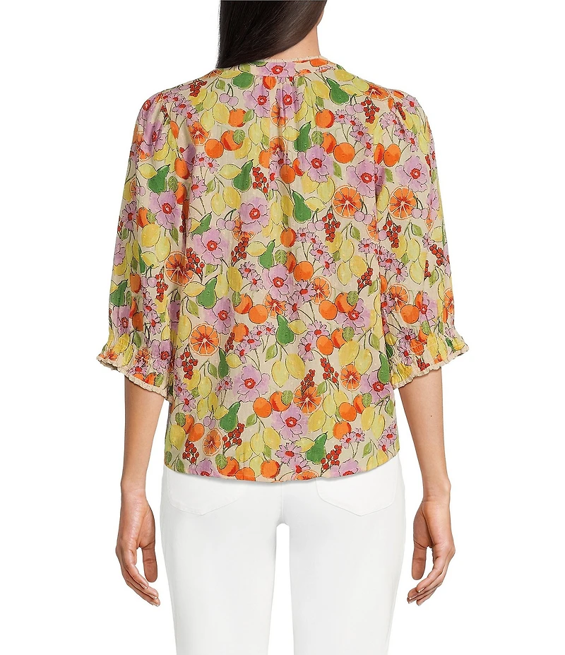 Democracy Petite Size Woven Floral Fruit Print Round Neck Elbow Sleeve Half Button Front Placket Pintuck Detail Top