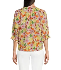 Democracy Petite Size Woven Floral Fruit Print Round Neck Elbow Sleeve Half Button Front Placket Pintuck Detail Top