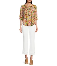 Democracy Petite Size Woven Floral Fruit Print Round Neck Elbow Sleeve Half Button Front Placket Pintuck Detail Top