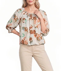 Democracy Petite Size Woven Floral Smocked Neck Elbow Length Blouson Sleeve Bubble Hem Top