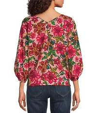 Democracy Petite Size Woven Floral V-Neck 3/4 Sleeve Top