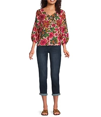 Democracy Petite Size Woven Floral V-Neck 3/4 Sleeve Top