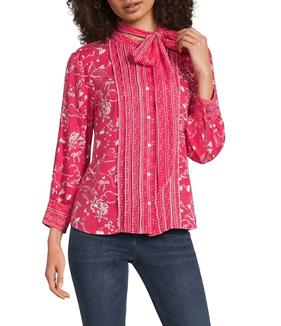 Democracy Petite Size Woven Multi Print Mock Neck 3/4 Sleeve Self Tie Button Front Shirt