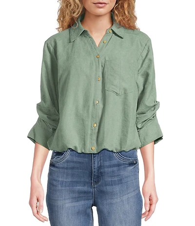 Democracy Petite Size Woven Suede Point Collar 3/4 Tucked Sleeve Bubble Hem Button Front Shirt