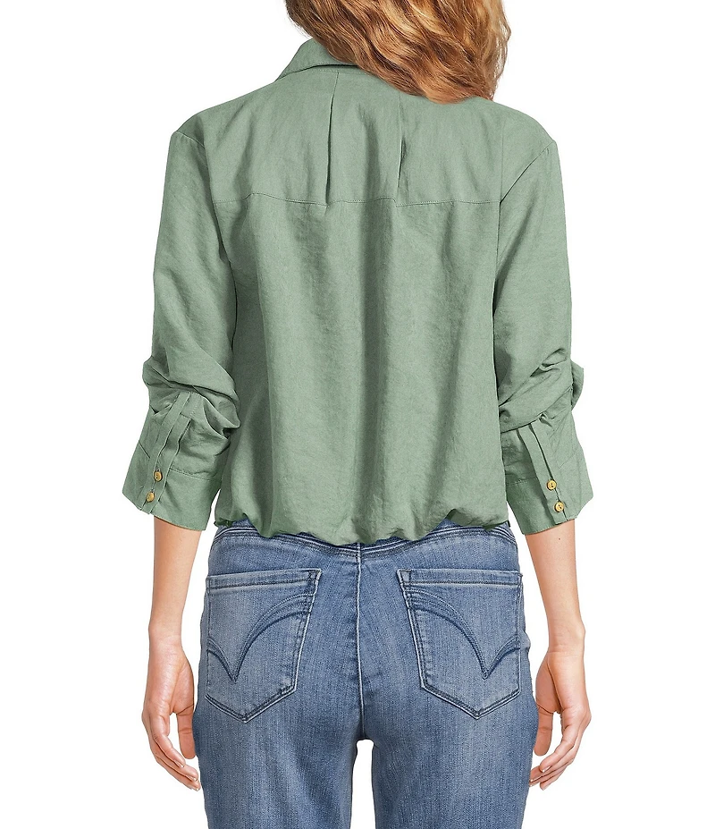 Democracy Petite Size Woven Suede Point Collar 3/4 Tucked Sleeve Bubble Hem Button Front Shirt