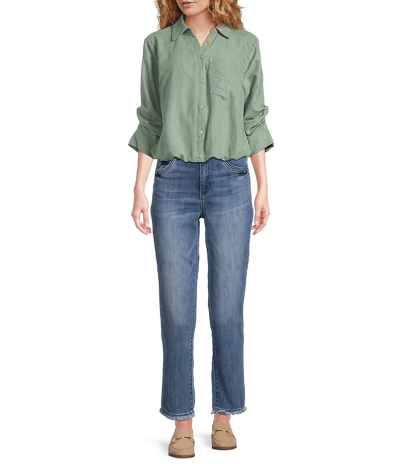 Democracy Petite Size Woven Suede Point Collar 3/4 Tucked Sleeve Bubble Hem Button Front Shirt