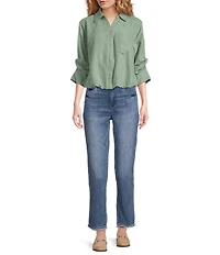 Democracy Petite Size Woven Suede Point Collar 3/4 Tucked Sleeve Bubble Hem Button Front Shirt