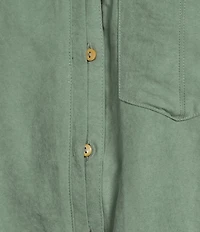 Democracy Petite Size Woven Suede Point Collar 3/4 Tucked Sleeve Bubble Hem Button Front Shirt