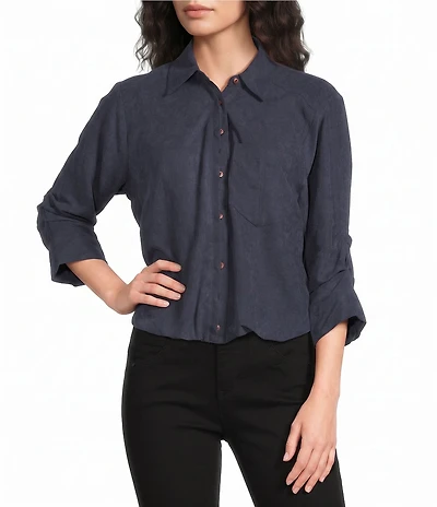 Democracy Petite Size Woven Suede Point Collar 3/4 Tucked Sleeve Bubble Hem Button Front Shirt