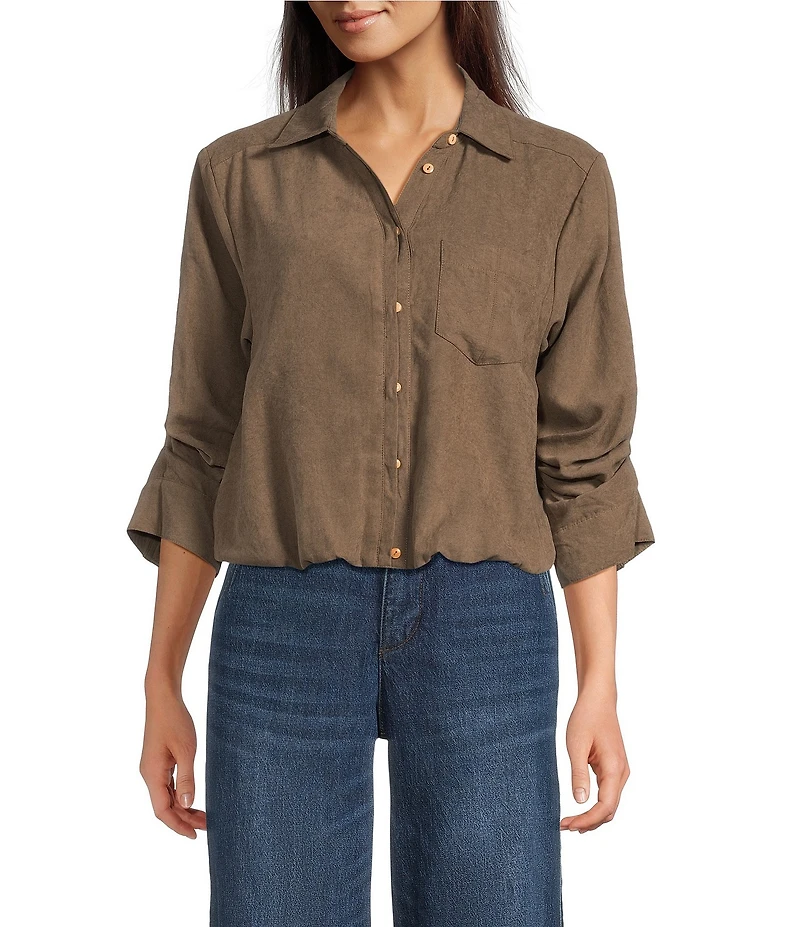 Democracy Petite Size Woven Suede Point Collar 3/4 Tucked Sleeve Bubble Hem Button Front Shirt
