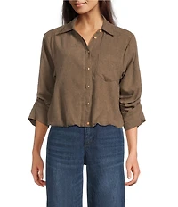 Democracy Petite Size Woven Suede Point Collar 3/4 Tucked Sleeve Bubble Hem Button Front Shirt
