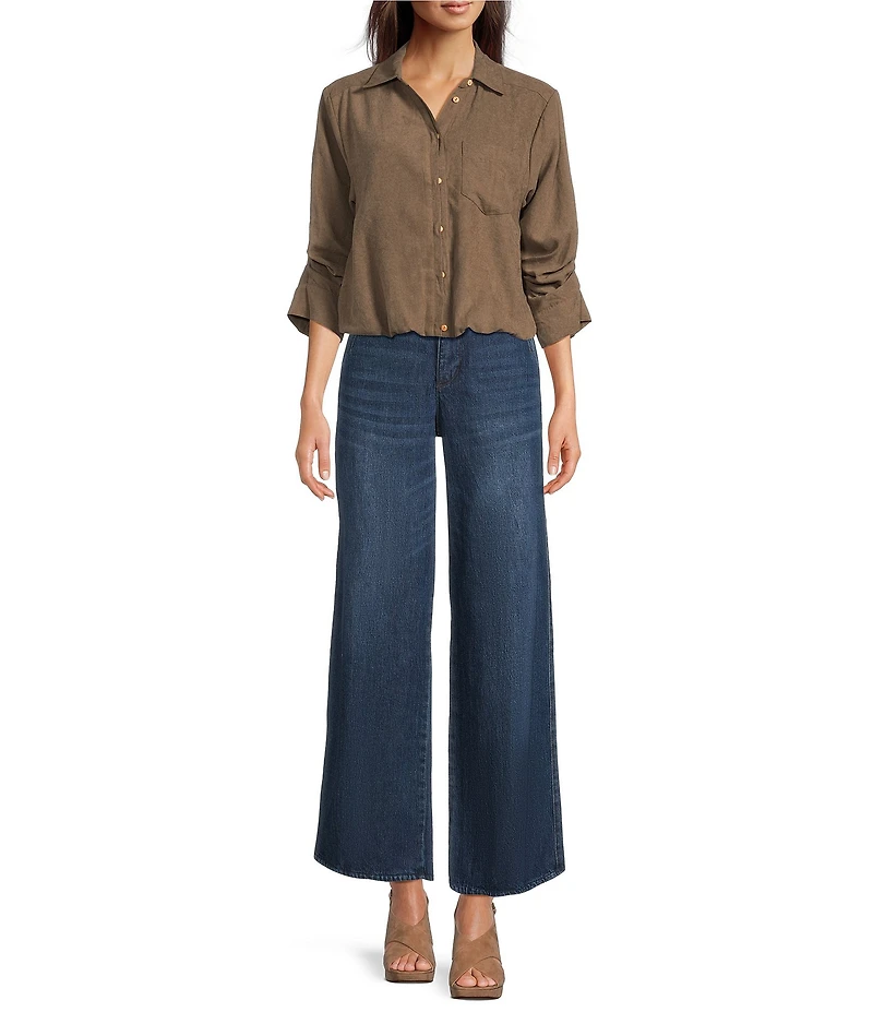 Democracy Petite Size Woven Suede Point Collar 3/4 Tucked Sleeve Bubble Hem Button Front Shirt