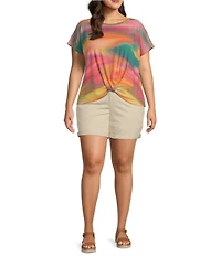 Democracy Plus Size Abstract Tie Dye Print Crew Neck Short Sleeve Twist Front Hem Knit Top