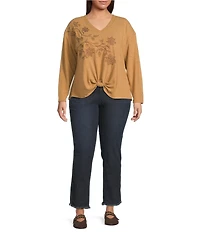 Democracy Plus Size Beaded Floral Embroidered V-Neck Long Sleeve Top