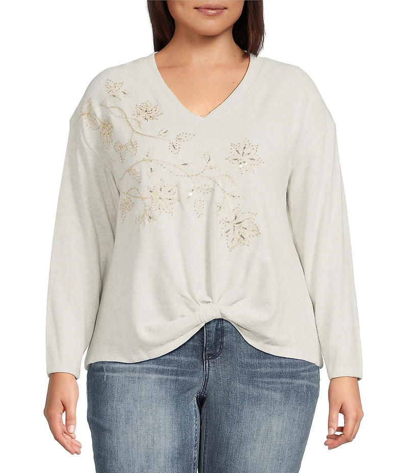 Democracy Plus Size Beaded Floral Embroidered V-Neck Long Sleeve Top
