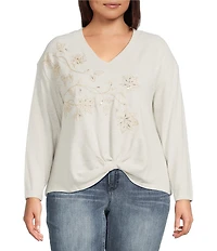 Democracy Plus Size Beaded Floral Embroidered V-Neck Long Sleeve Top