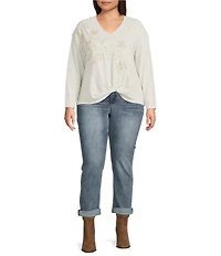 Democracy Plus Size Beaded Floral Embroidered V-Neck Long Sleeve Top