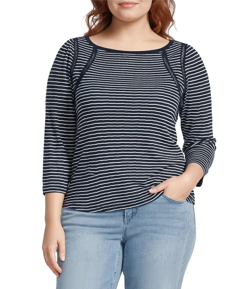 Democracy Plus Size Boat Neck 3/4 Sleeve Stripe Crochet Fagoting Detail Top