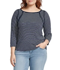 Democracy Plus Size Boat Neck 3/4 Sleeve Stripe Crochet Fagoting Detail Top
