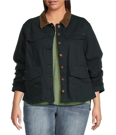 Democracy Plus Size Contrast Corduroy Collar Long Rushed Sleeve Patch Pocket Button-Front Jacket
