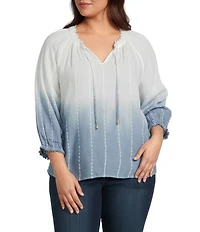 Democracy Plus Size Cotton-Blend Stripe Ombre Split V-Neck 3/4 Sleeve Braided Tie Top