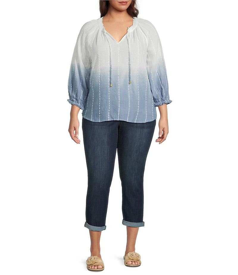 Democracy Plus Size Cotton-Blend Stripe Ombre Split V-Neck 3/4 Sleeve Braided Tie Top