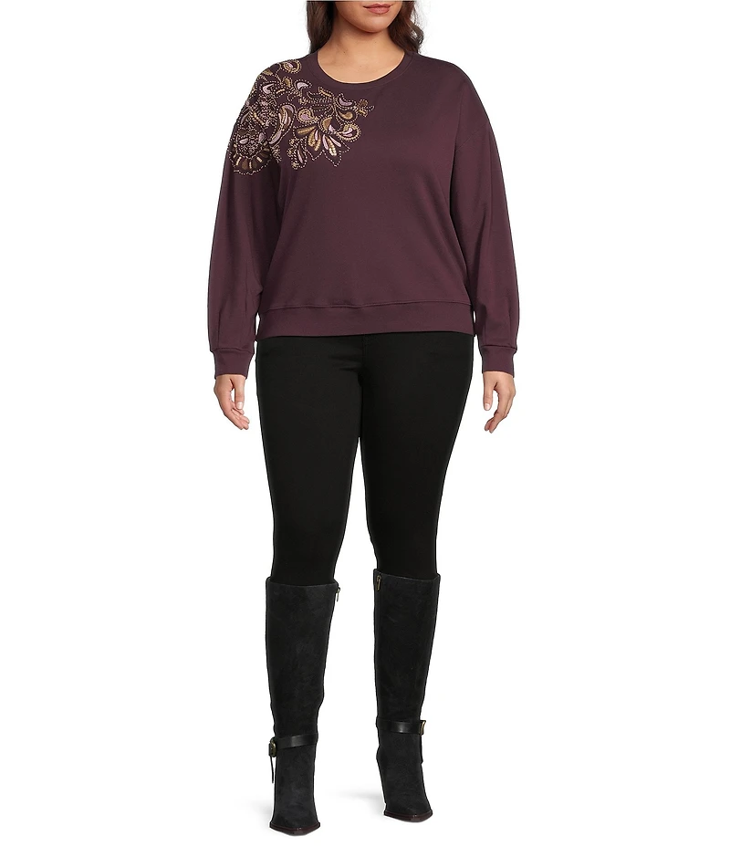 Democracy Plus Size Crew Neck Long Sleeve Beaded Paisley Sweatshirt