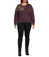 Democracy Plus Size Crew Neck Long Sleeve Beaded Paisley Sweatshirt
