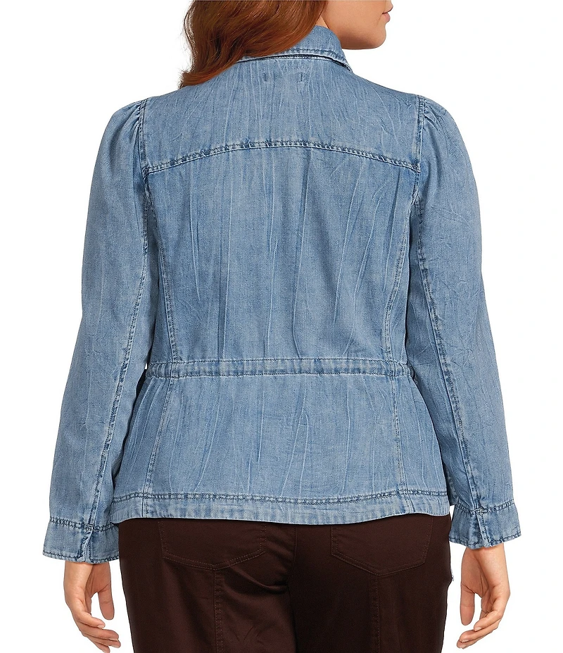 Democracy Plus Size Denim Point Collar Long Sleeve Snap Front Peplum Jacket