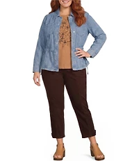 Democracy Plus Size Denim Point Collar Long Sleeve Snap Front Peplum Jacket