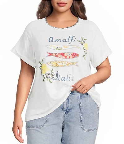 Democracy Plus Size Embroidered Amalfi Coast Italy Crew Neck Short Sleeve Graphic Tee