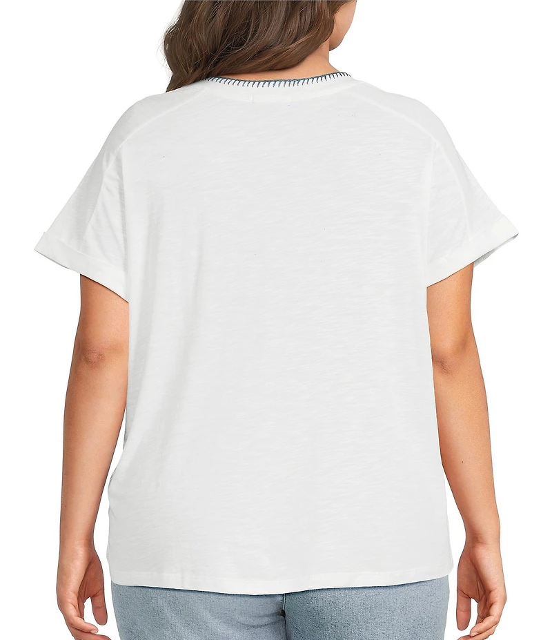 Democracy Plus Size Embroidered Amalfi Coast Italy Crew Neck Short Sleeve Graphic Tee