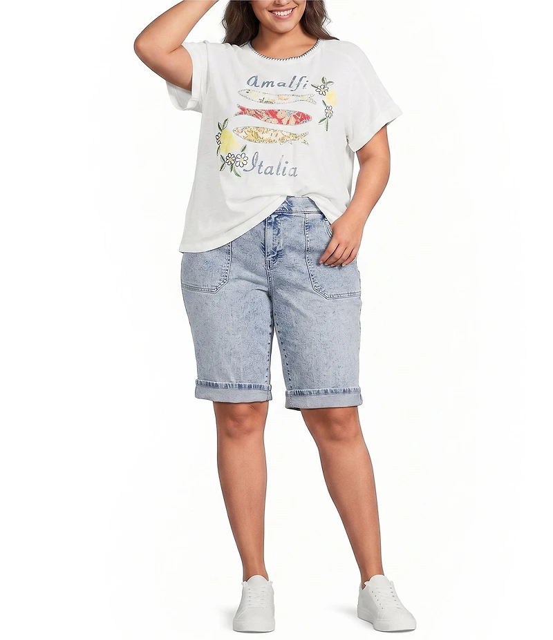 Democracy Plus Size Embroidered Amalfi Coast Italy Crew Neck Short Sleeve Graphic Tee